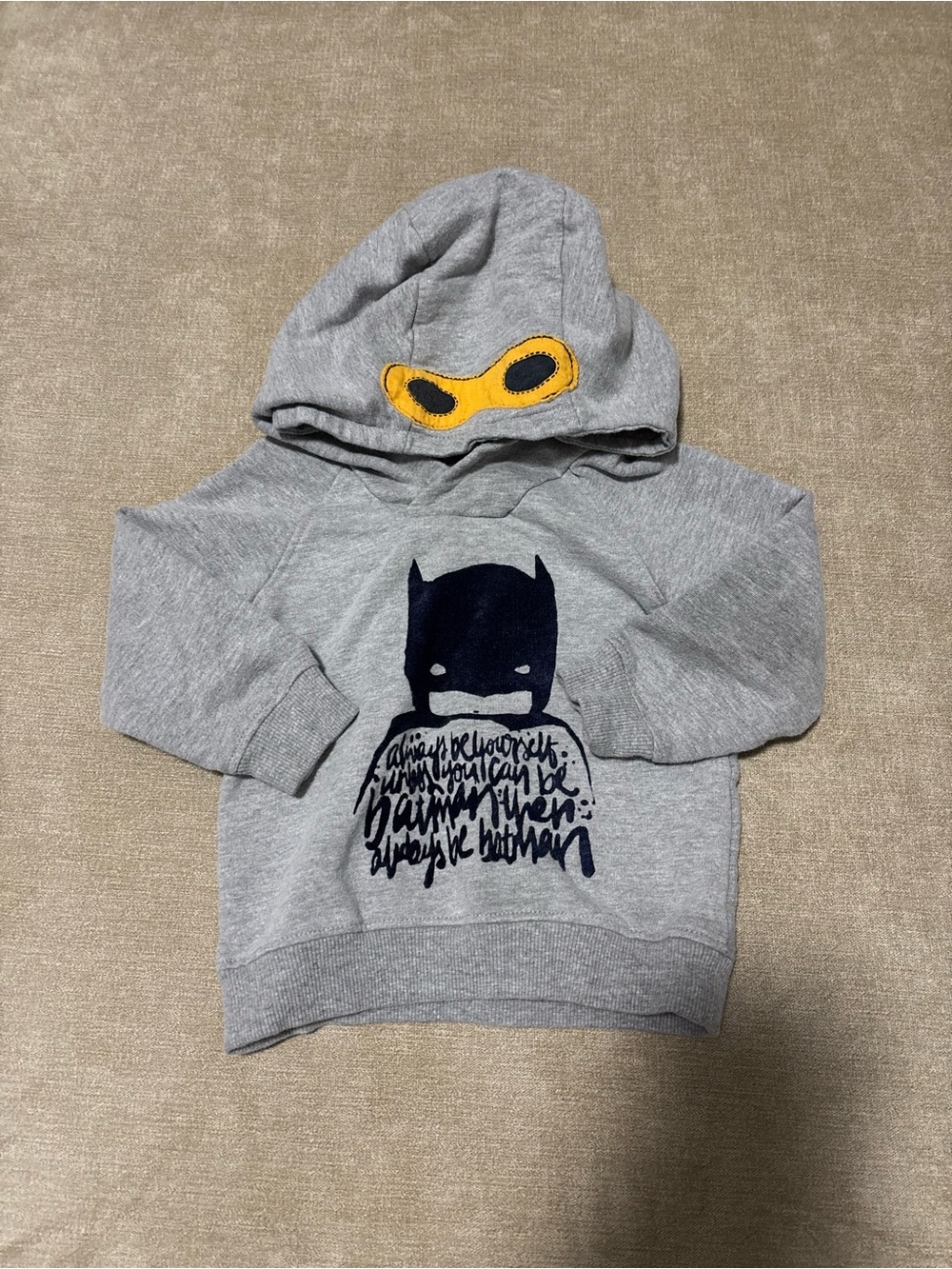 Batman Kids Grey Hoodie with Navy Bat Graphic and Yellow Hood Patch